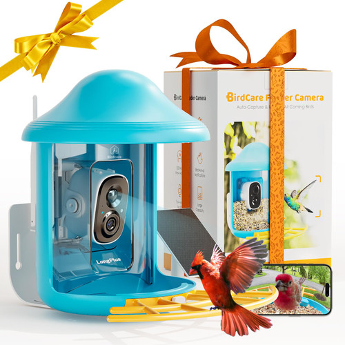 LongPlus Bird Feeder with Camera, Smart Solar Hummingbird Feeder for Outdoors, Squirrel Proof Feeders Outside, AI Bird Species Identification, Instant Notification, Ideal Gift