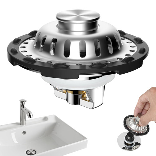 Universal Bathroom Sink Drain Strainer, Sink Hair Catcher with Visible Top Stainless Basket, Brass Metal 3 in 1 Pop-up Bathroom Sink Stopper Fit for Standard 1.1''~2.36'' Basin Hole, Chrome