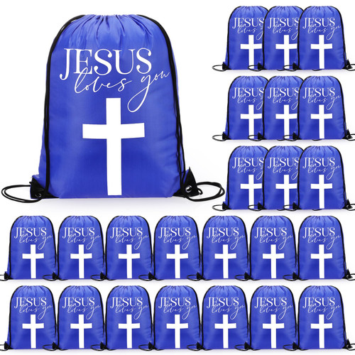 SilTriangle 24 Pcs Blessings Bags for Homeless Christian Gift Bags Jesus Loves You Drawstring Religious Backpack(Blue)