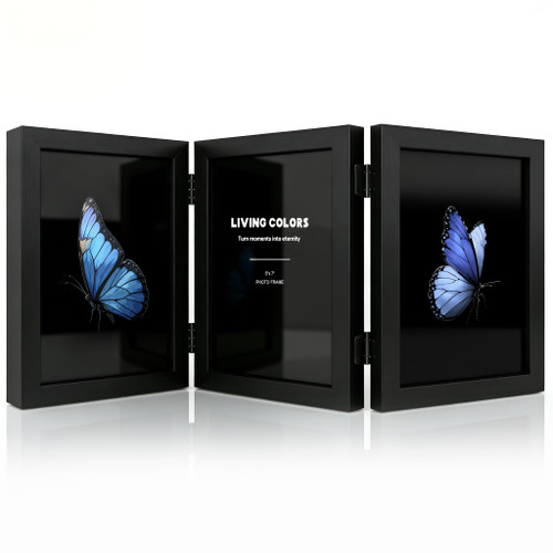 YHIOOWLI 5x7 Picture Frame Hinged, Triple Picture Frames Fold, Wood Photo Frame for Tabletop or Desktop Display Vertically, Black
