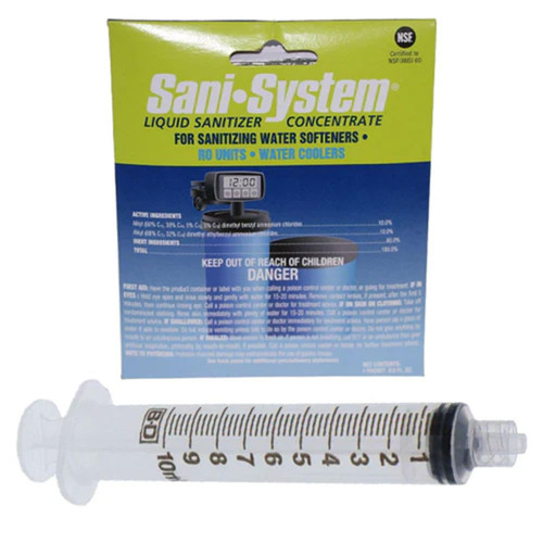 Sanitizing Maintenance Kit for Reverse Osmosis Tanks Comes with a 10cc Syringe, a Pressure Gauge, RO Unit Sanitizer, 2 Quick disconnects, and 2 Coupling Inserts. (1/4" Tank line and 1/4" Feed line)