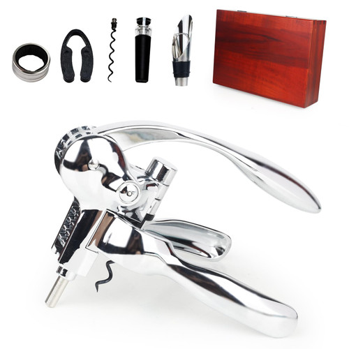 QONYFONE Rabbit Wine Opener Set, Premium 6-Piece Corkscrew Kit with Wooden Gift Box, Includes Foil Cutter, Wine Stopper & Accessories, Easy Cork Removal, Perfect for Wine Lovers (Vintage Silver)