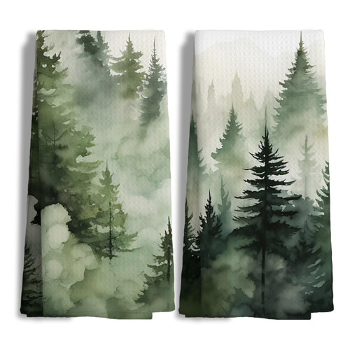 Nipil Mountain Forest Green Kitchen Towels Set of 2,Forest Bathroom Decorative Hand Towels,Farmhouse Kitchen Decor,16x24 Inch
