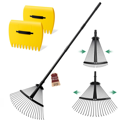 Extra Wide 22-Tines Adjustable Leaf Rake & Leaf Scoops Set, 12"-22" Width Adjustable Metal Garden Lawn Rake for Leaves, Heavy Duty & Lightweight for Flower Bed/Under Shrub/Pine Needle & Narrow Space