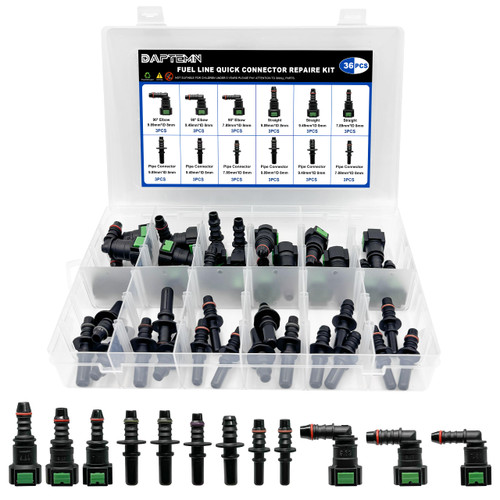 Daptemn 36 PCS Fuel Line Quick Connect Fittings Kit, 6 Set Nylon Fuel Line Repair Straight Elbow, Replace Automotive Fuel Line Adapter - SAE 9.89mm & 9.49mm & 7.89mm