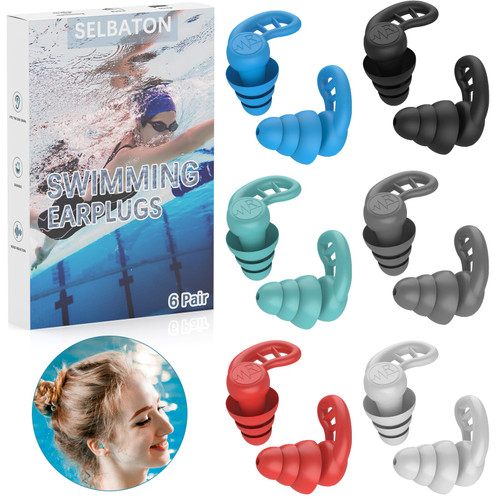 Swimming Ear Plugs for Adults, 6 Pairs Reusable Silicone Waterproof Colorful Swim Earplugs for Swimming Showering Snorkeling Surfing and Water Sports, Water Ear Plugs for Men and Women