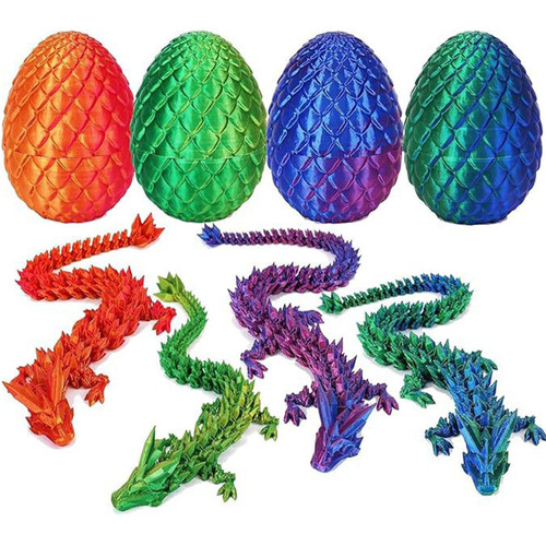 Kizcmvre 4 Pcs 3D Printed Dragon Egg, 3D Printed Dragon with Egg,Unique 3D Printed Dragon Eggs with 8.7 inch Dragon & 3.35 inch Egg for Flexible Stress Relief Pet Sculpture Easter Basket Filler.