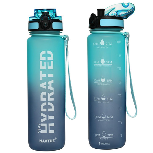 NAVTUE Water Bottle, 32 oz Sports Water Bottles with Time Marker Wide Mouth, Motivational and Leakproof Drink Bottle, BPA Free Tritan with Carry Strap for Gym Fitness Outdoor(Direct Drink)