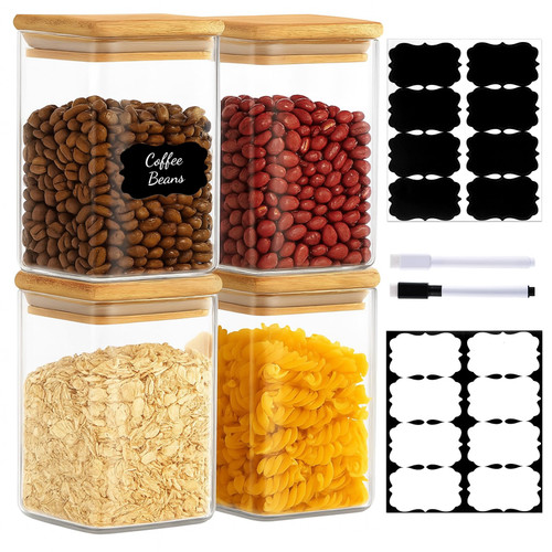 TBWIND 37oz(1.2Qt) Square Glass Storage Containers with Bamboo Lids – 4 Pack Clear Food Airtight Glass Jars for Pantry Organizers and Storage, Kitchen Dry Food, Coffee, Sugar, Flour, Snacks, Spices