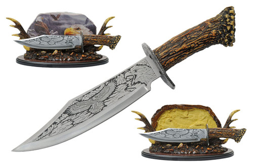11.5" Eagle Stainless Steel Blade Stag Handle Decorative Knife With Resin Antler Stand