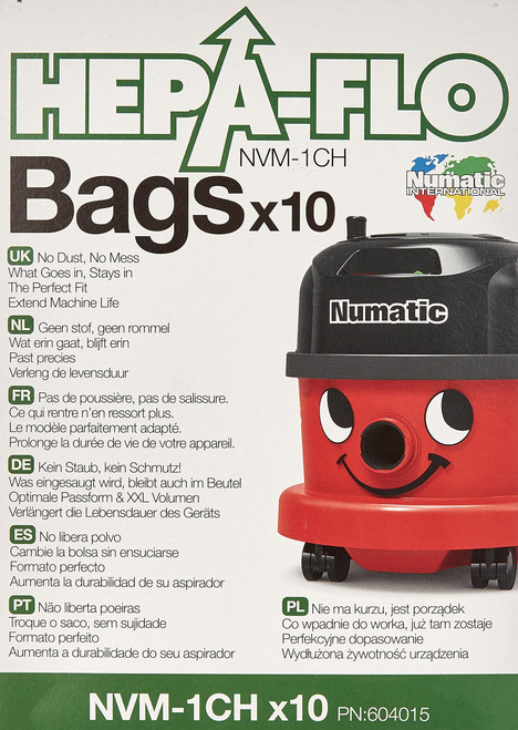 Numatic NVM-1CH HepaFlo' Disposable Filter Bags Pack - for the "Henry" HVR200A, the "Hetty" HET200A, the "James" JVP180, and the "Henry Micro" HVR200M Vacuum Cleaners - (10-Bags Per Pack)