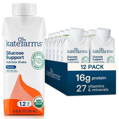 KATE FARMS Organic 1.2 Glucose Support Shake, Vanilla, 16g Protein, 27 Vitamins and Minerals, Diabetic Nutrition Meal Replacement, 8.45 oz (12 Pack) KATE FARMS Organic 1.2 Glucose Support Shake, Vanilla, 16g Protein, 27 Vitamins and Minerals, Diabetic Nutrition Meal Replacement, 8.45 oz (12 Pack)