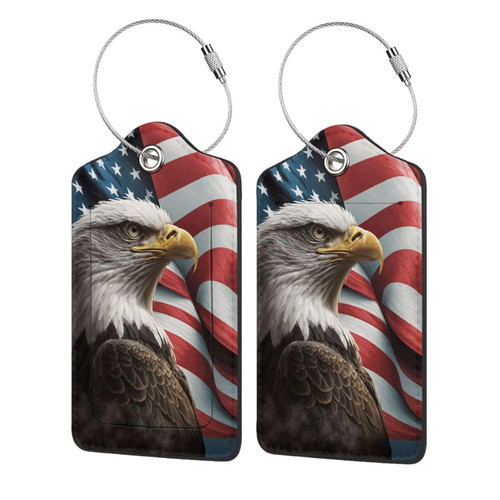 2 Pack Luggage Tags Memorial Day America Flag American Bald Eagle Suitcase Leather Privacy Cover Id Label with Stainless Steel Loop for Women Men Travel