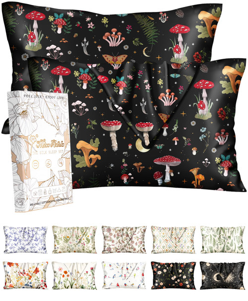 Miss Adola 2 Pack Silk Pillowcase - 20x30 Inch Queen Size Silk Pillow Case with Hidden Zipper for Women Lady Smooth Soft Breathable Cute Design Pillowcase for Hair and Skin, Black Mushroom