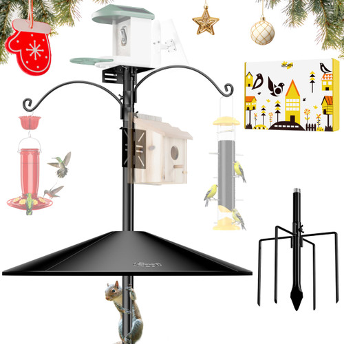 iBorn Smart Bird Feeder Pole with Squirrel Baffle, 87" Camera Bird Feeder Birdhouse Pole +19.5”Oversized Baffle+2 Hooks, Mounting Kit Birds Feeders Stand for Outside, Black(Feeders NOT Included)