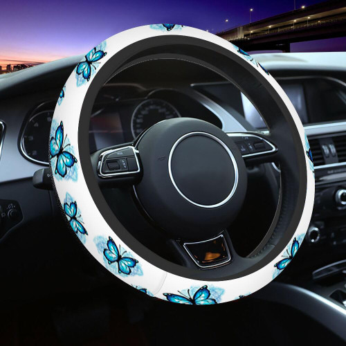 NOMEDOGYIm Butterfly Elastic Steering Wheel Cover Blue Butterfly Flying Steering Wheel Cover Anti Slip Protective Case Universal Stretch Steering Protector
