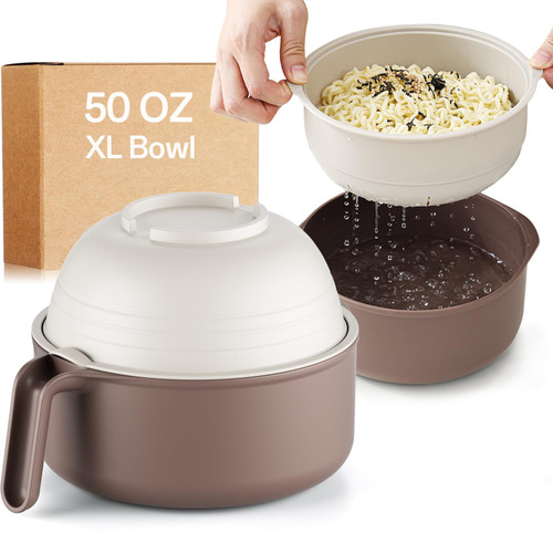 MEACOLIA 50 oz Large Ramen Bowl, Microwave Ramen Cooker, Noodle Pasta Cooker with Lid and Strainer, Steamer for Vegetables, College Dorm Essentials for Girls Guys (Beige)