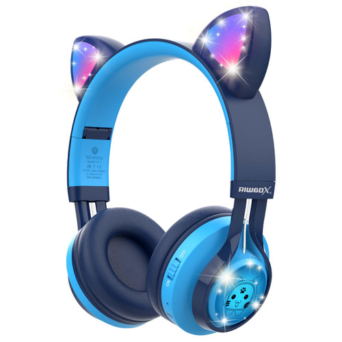 Riwbox CT-7 Cat Ear Bluetooth Headphones, LED Light Up Bluetooth Wireless Over Ear Headphones with Microphone and Volume Control for Travel/School/Smartphones/Laptop/PC/TV (Blue)