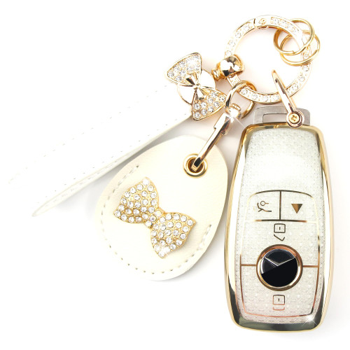 Rayslesan Key Fob Cover with Leather Holder Compatible with Airtag/RFID,Compatible with Benz E, S, C, G, A Class CLA CLS GLA GLC GLE GLS SLC, RFID Protector, Car Key Accessories (4-Button, Gold White)