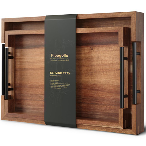 Fibogollo Acacia Wood Set of 2 Serving Tray with Metal Handles,Ottoman Decorative Trays Platter for Coffee Table,Living Room,Bar,Party
