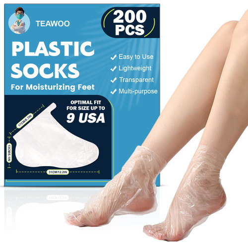 TEAWOO 200PCS Plastic Foot Covers for Feet, Leak-Proof Plastic Foot Masks for Moisturizing Feet, Pedicure & Foot Care, 200 Stickers for Snug Closure Included (Fits up to USA 9)