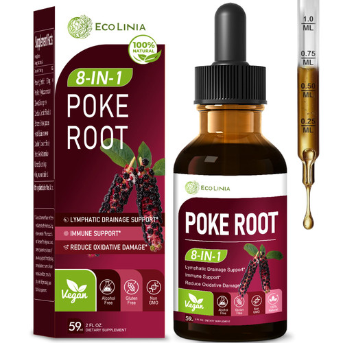 ECOLINIA Poke Root Drops for Lymphatic Drainage & Immunity, 8-in-1 Herbal Formula Supplement for Lymph System Support with Cleavers Burdock Root Echinacea. 2 oz