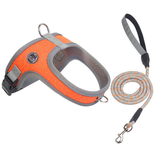 Dog Harness and Leash Set, No Pull Saddle Style Pet Harness, Breathable Mesh Adjustable Reflective Dog Vest for Dogs and Cat Medium Small Harness 2 D-Rings (Orange, S)