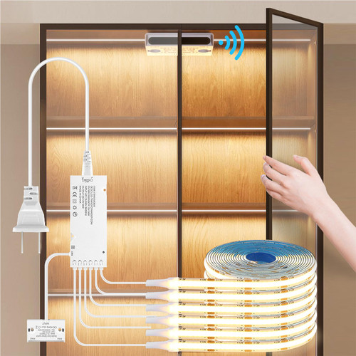 COB LED Strip Lights 12V,6-in-1 Door Sensor Control Under Cabinet Lighting Kit with 60W Adapter 6.56Ft Flexible LED Tape Light for DIY Wardrobe, Shoe Racks, Display Cabinets, Kitchen Cabinets