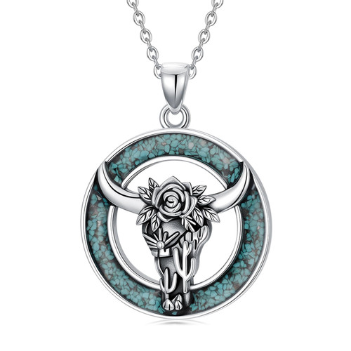 YYmqmq Longhorn Necklace for Women 925 Sterling Silver Turquoise Bull Pendant Cow Skull Necklace Western Jewelry Christmas Gifts for Women Cowgirl Girlfriend