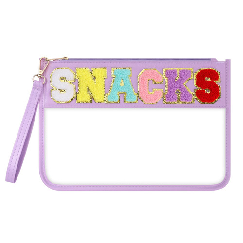 Narsikar Clear Snack Bag for Travel, Chenille Letter Clear Zipper Snacks Pouch Nylon Cosmetic Bag Makeup Travel Bag for Women (Purple)