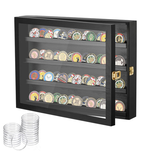 Vercome Challenge Coin Display Case, Solid Wood Military Coin Display Box with Gold Latches & 20 Acrylic Protectors , Challenge Coin Holder Organizer for Collectors, Veterans