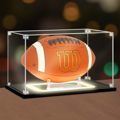 NONEMEY Football Display Case with Light, UV Protected Acrylic Football Box Full Size with Black Base, Football Display for Autographed Ball Memorabilia Gifts