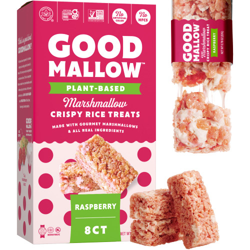 GoodMallow Vegan Rice Crispy Treats Individually Wrapped Box of 8 , Kosher Vegan Snacks, Gluten Free Dairy Free Snacks for Kids & Adults - Healthy Sweets Made with Gourmet Marshmallows, Made in USA (Raspberry)