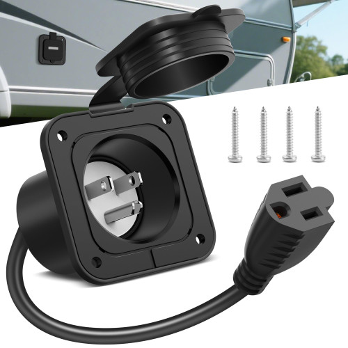 SS VISION 15Amp AC Port Plug with Power Inlet Socket, 125V AC Port Plug Shore Receptacle with 18 Inch Extension Cord, RV Shore Power Inlet Plugs for RV Camper Marine Boat Motorhome Travel