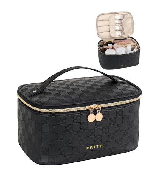 Prite Makeup Bag Portable Cosmetic Organizer with Brush Holder Waterproof Travel Toiletry Bag for Women with Handle and Divider (Checkered Black)
