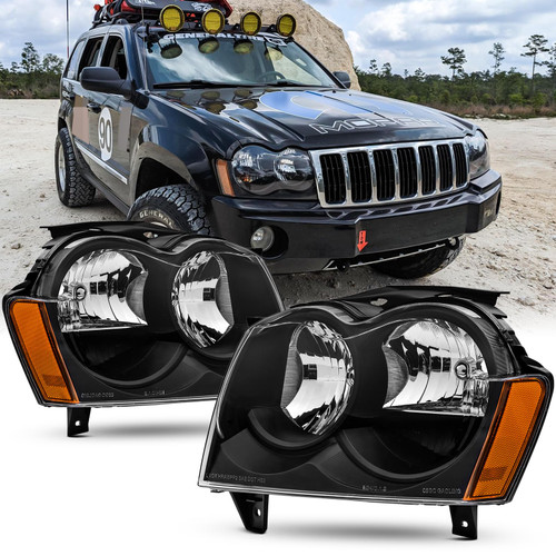 Reinko Headlights Assembly Compatible with 2005 2006 2007 Jeep Grand Cherokee Halogen Headlamp Replacement Black/Amber Head Lights Pair Set Driver & Passenger with Wiring Harness