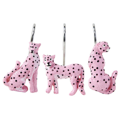 Aldopein Leopard Decorative Shower Curtain Hooks Rings for Summer Tropical Plants Jungle Shower Curtain Bathroom Decorations Accessories, Metal Rustproof Cute Animals Groovy Shower Curtain Hooks