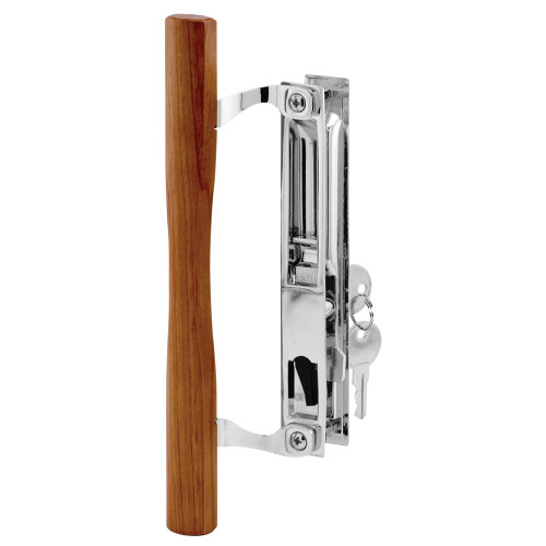 Prime-Line C 1149 Keyed Sliding Glass Door Handle Set – Replace Old or Damaged Door Handles Quickly – Wood & Chrome Plated Diecast, Hook Style, Flush Mount, Fits 6-5/8 in. Hole Spacing (1 Set)