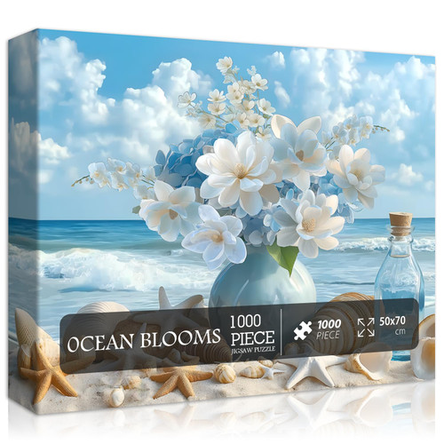 PICKFORU Beach Puzzles for Adults 1000 Pieces, Summer Ocean Flower Jigsaw Puzzle, Shell Starfish Marine Themed Challenging for Adults