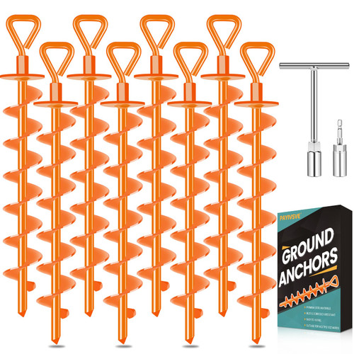 Payivsve Ground Anchors Screw in, Ground Stakes Heavy Duty Trampoline Stakes High Wind Tent Stakes for Trampoline, Canopies, Tent, Swing Set, Sheds, Carport, Gazebo(Orange-8x15 in)