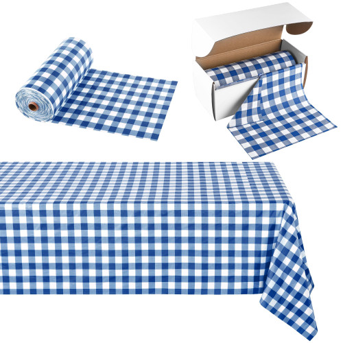 Kochorie 54 Inch x 300 Ft Blue Checkered Plastic Table Cloth Roll Disposable Waterproof Table Cover Plastic Table Cover Roll with Easy Slide Cutter for Outdoor Picnic/Home Dining/Spring Party