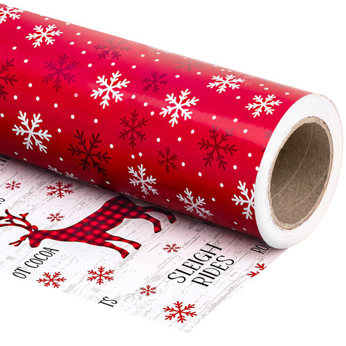 WRAPAHOLIC 30 Inch Reversible Christmas Wrapping Paper - 30 Inch x 33 Feet - Red White Reindeer and Snowflake Wrapping Paper for Christmas, Holiday, Party