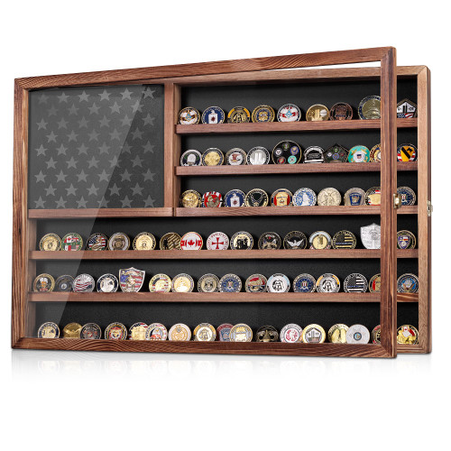 MOCAS Challenge Coin Display Case, Lockable Military Coin Holder Cabinet with Removable Star Board & HD Tempered Glass Door (27.6" L x 18.1" W), Solid Wood Wall Mount Coins Collection Rack Stand