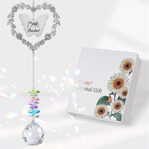 Elivida to My Bestie Gifts, Best Friend Suncatcher for Women, Friendship Christmas Ornament for Her, Heart-Shaped Crystal Birthday Gift for BFF