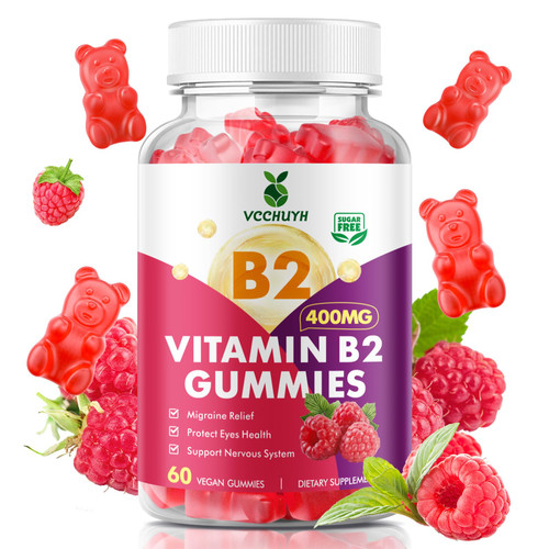 VCCHUYH Vitamin B2 Gummies for Kids & Adults, VIT B2 Riboflavin 400mg Supplement with Magnesium for Migraine Relief & Nervous System Support, Non-GMO, Vegan, Raspberry Flavor 60 Count