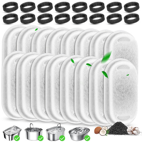 Cat Water Fountain Filters Replacement, 16 Pcs Pet Water Fountain Filter with 16 Pcs Foam Sponges for 67oz/2L & 108oz/3.2L Stainless Steel Pet Cat Water Fountain Dispenser Filters