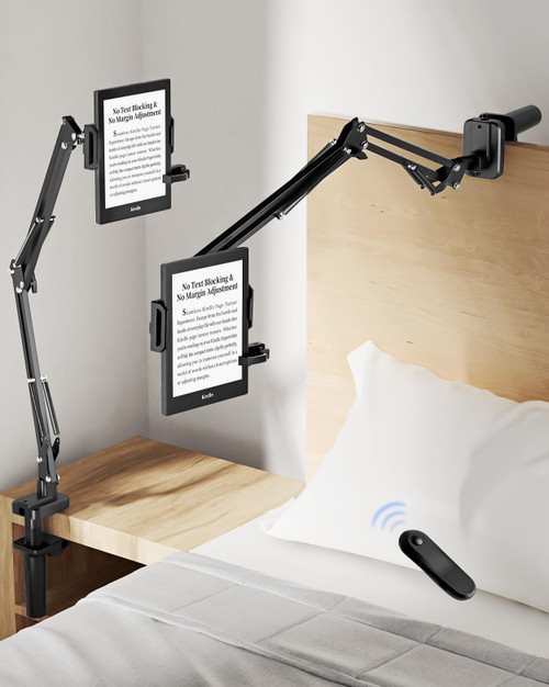 Bongogoo Kindle Holder with Remote Page Turner – Kindle Stand with Remote Page Turner for Bed, Hands-Free Clip Mount, Easy-Adjust Steel Arm (Not Gooseneck), No Text Blocking