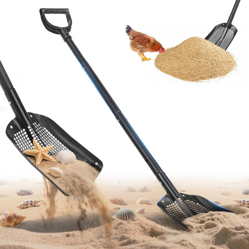 Sifting Shovel, 53.5 Long Heavy Duty Metal Sand Sifter, Chicken Coop Scooper for Sand, Beach Treasure Hunting Sifter Shovel with Holes, Suitable for Beach, Chicken Coop, Gardening ect.