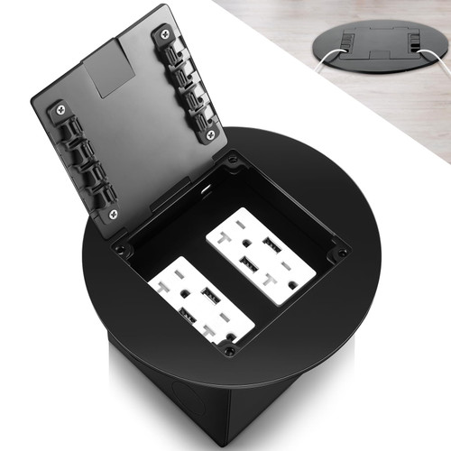 Chapou Recessed Floor Outlet 4. 72" x 4. 72" x 3. 94" 2-Gang with 4. 8a USB Chargers 20 Amp Floor Receptacles Round Hidden Outlet Kit Electrical Waterproof Box, Etl Listed(1 Pcs,Black)