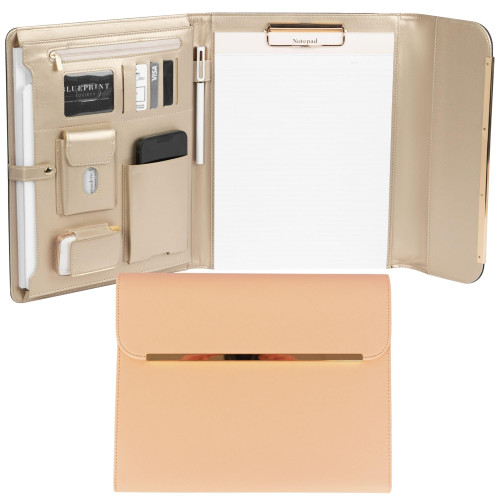 BLU MONACO | Peach Beige Vegan Leather Padfolio | Professional Portfolio Binder with Magnetic Closure and Gold Trim | 8.5 x 11 Business Organizer Case for Women